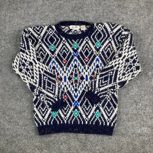 T.Q. Sweater Womens Medium Blue White Geometric‎ Knit Vintage Crewneck